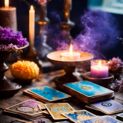 Cartas de tarot e velas acesas sobre a mesa